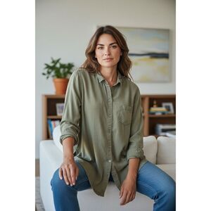 J Jill Women's Green Button-Up Collared Long Sleeve Shirt Size L